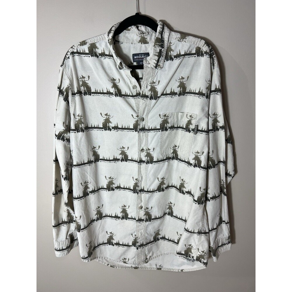 Woolrich Shirt Mens Large Beige Moose Print Long Sleeve Button Front Flannel